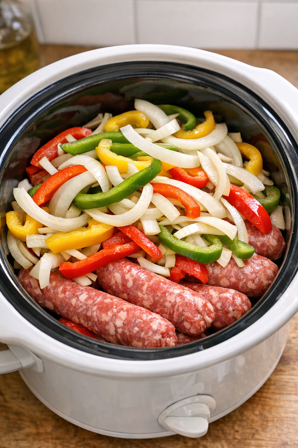 Peppers and onions layered over sausage in slow cooker