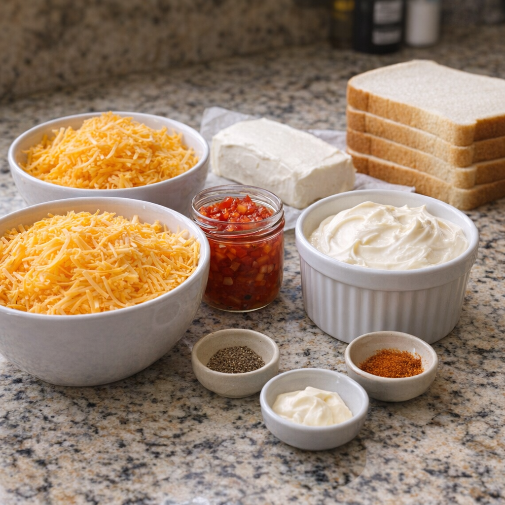 Shredded cheddar, pimentos, and mayonnaise ingredients on kitchen counter