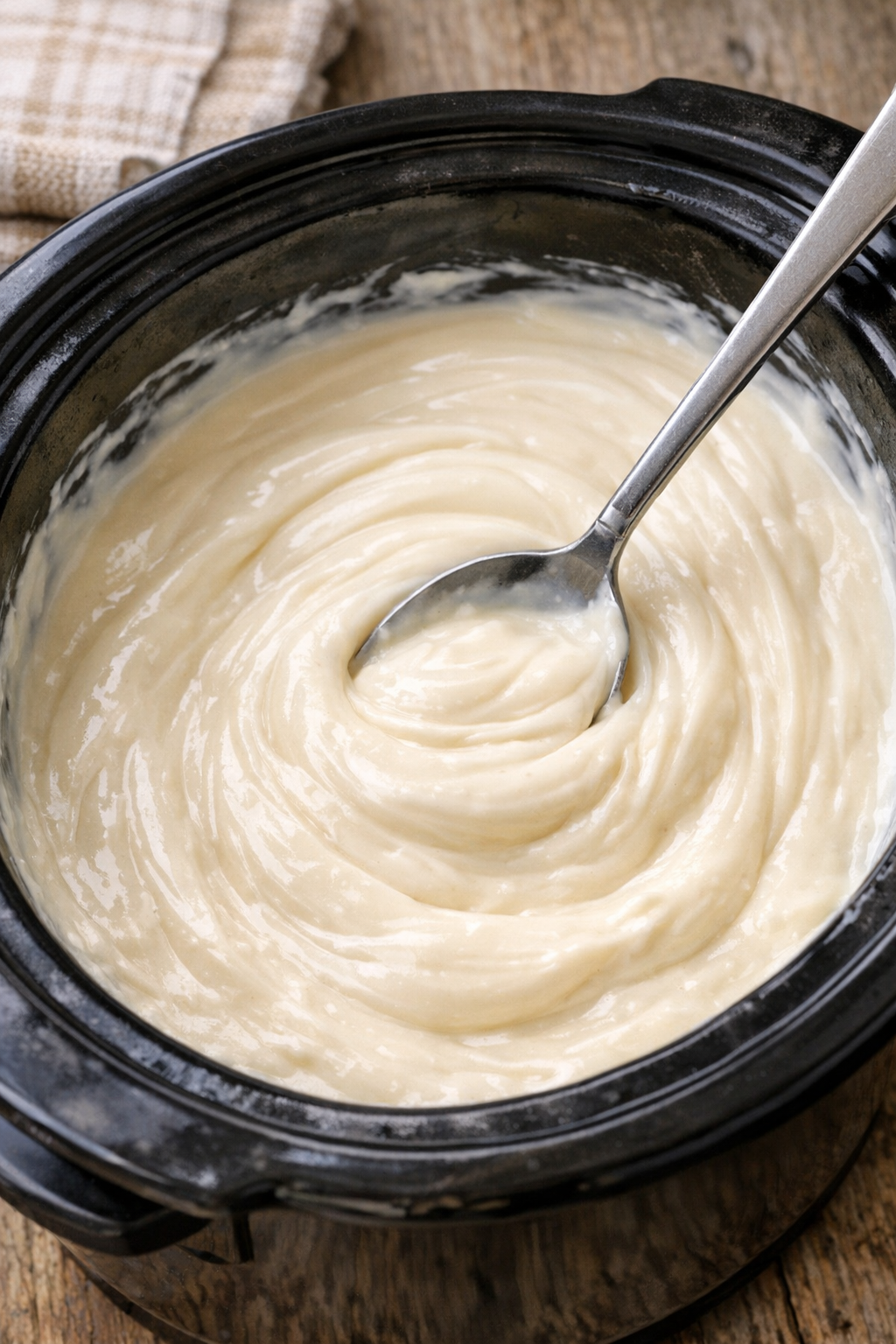 Creamy dessert mixture being stirred smooth inside the slow cooker