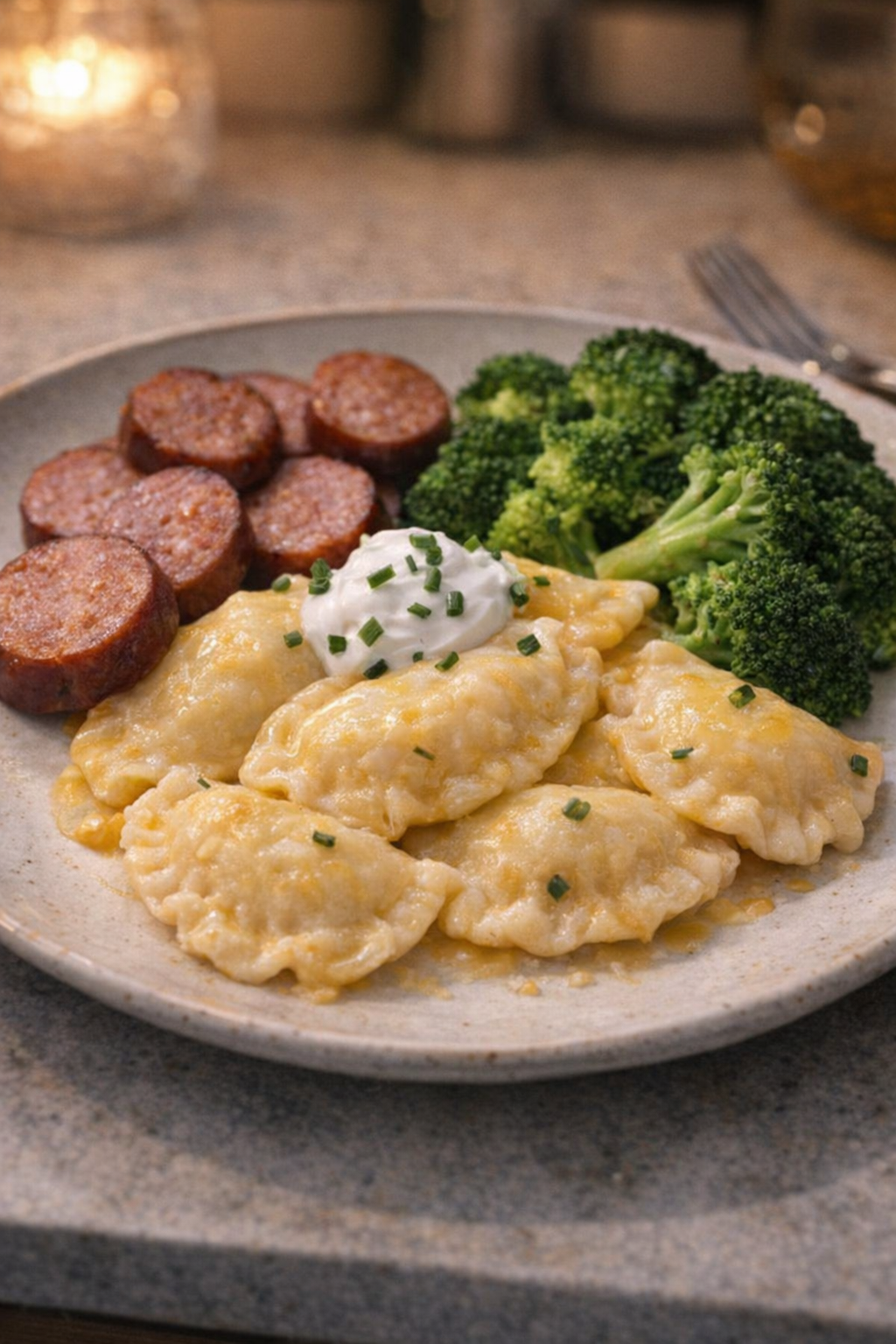 Pierogi dinner with kielbasa and broccoli on the side