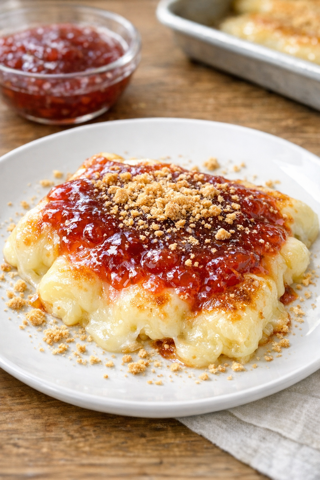 Finished baked sweet mozzarella dessert on a plate