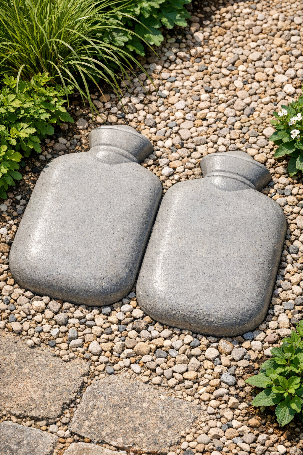 Finished smooth cement yard pavers made from hot water bottle molds