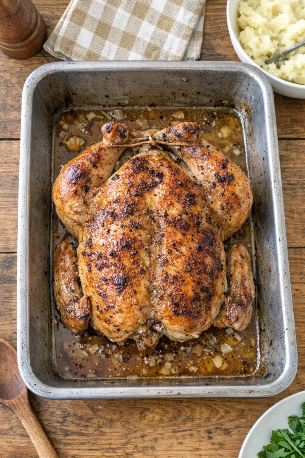 Roasted whole chicken in a metal roasting pan