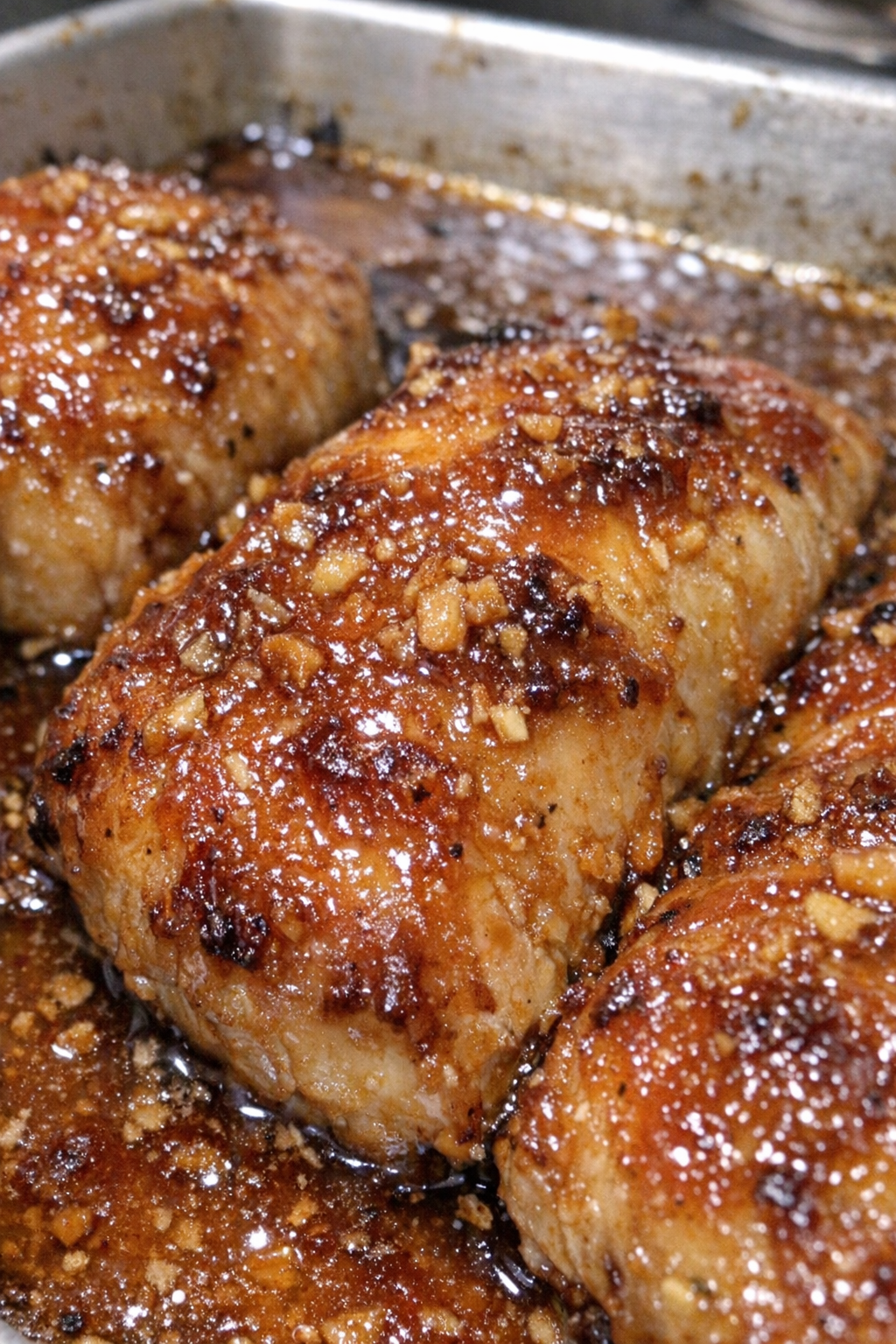 Roasted glazed protein in a metal baking sheet