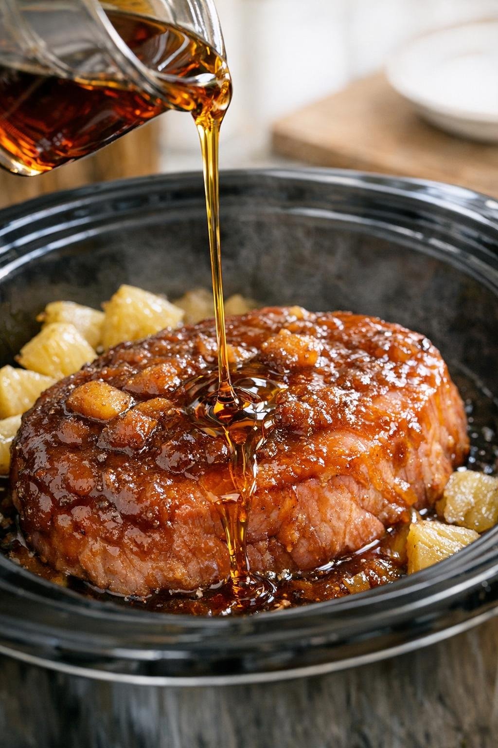 Maple syrup added to ham in slow cooker
