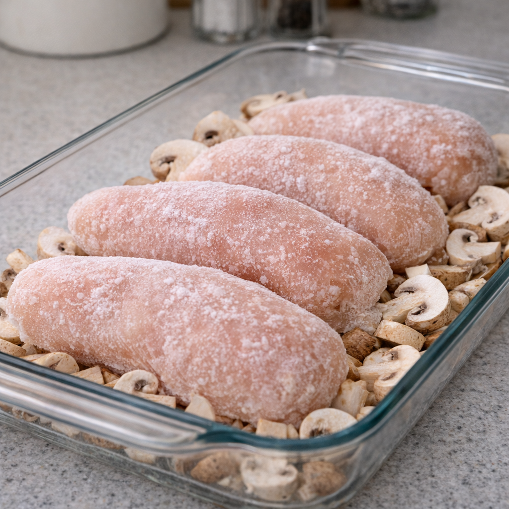 Frozen chicken breasts arranged in baking dish