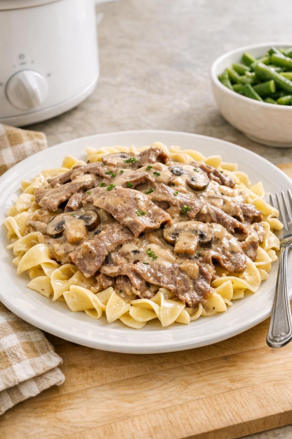 Finished creamy deli beef and mushroom served over egg noodles