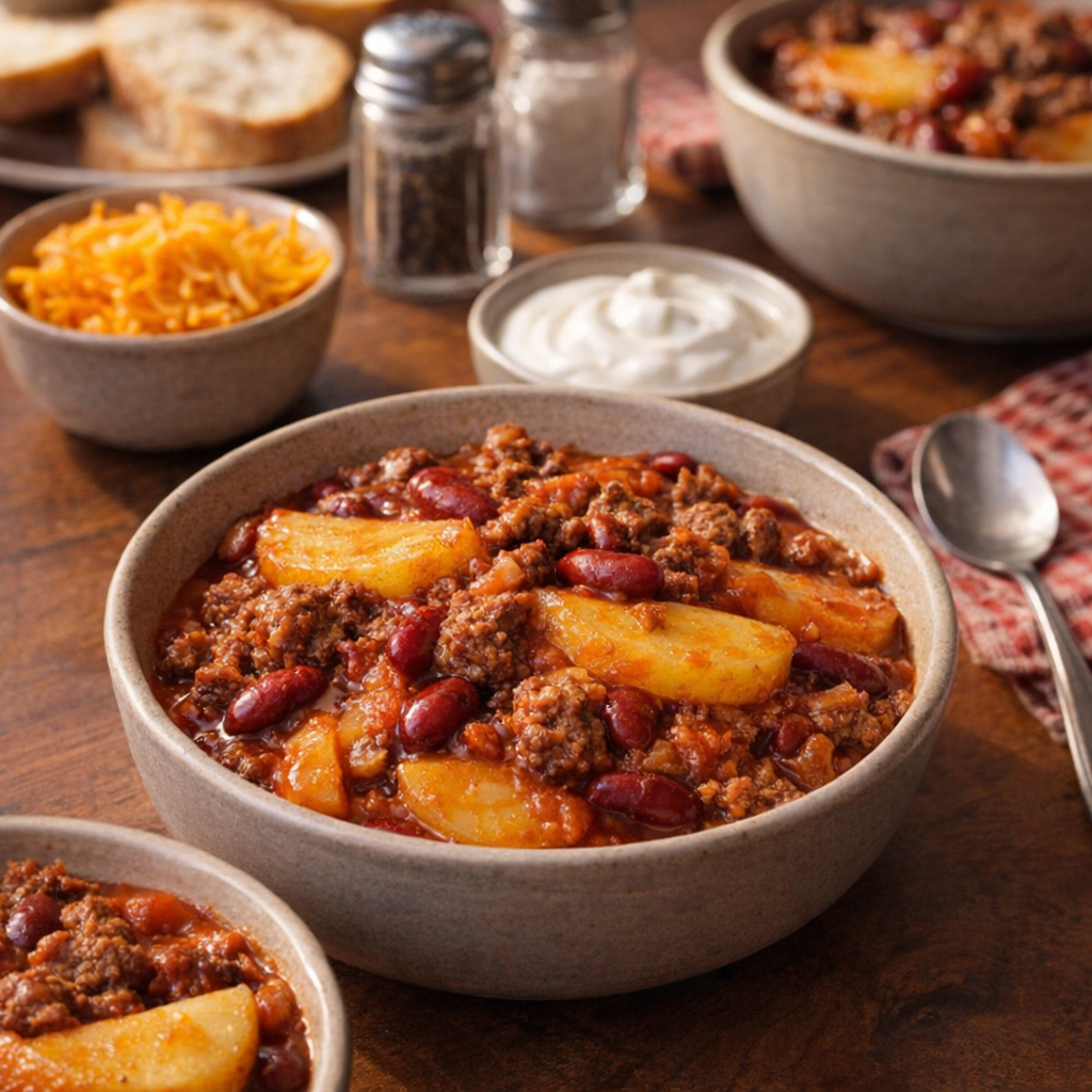 Bowls of shipwreck casserole with simple toppings on the table