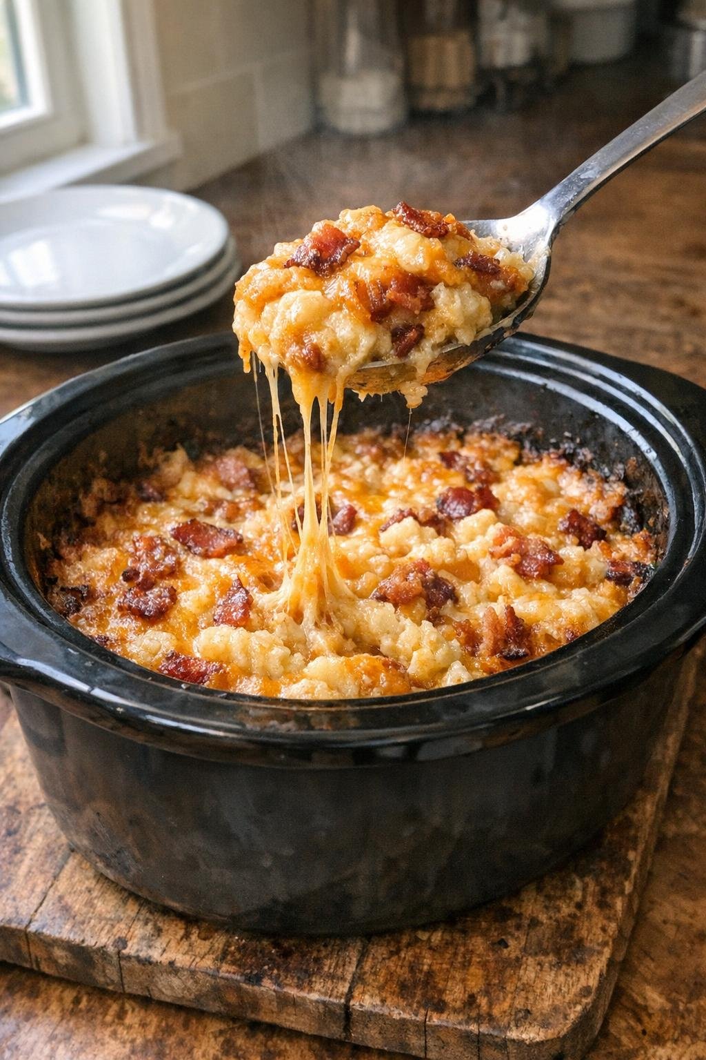 De cheddar-bacon hash brown ovenschotel is klaar om te worden geserveerd.