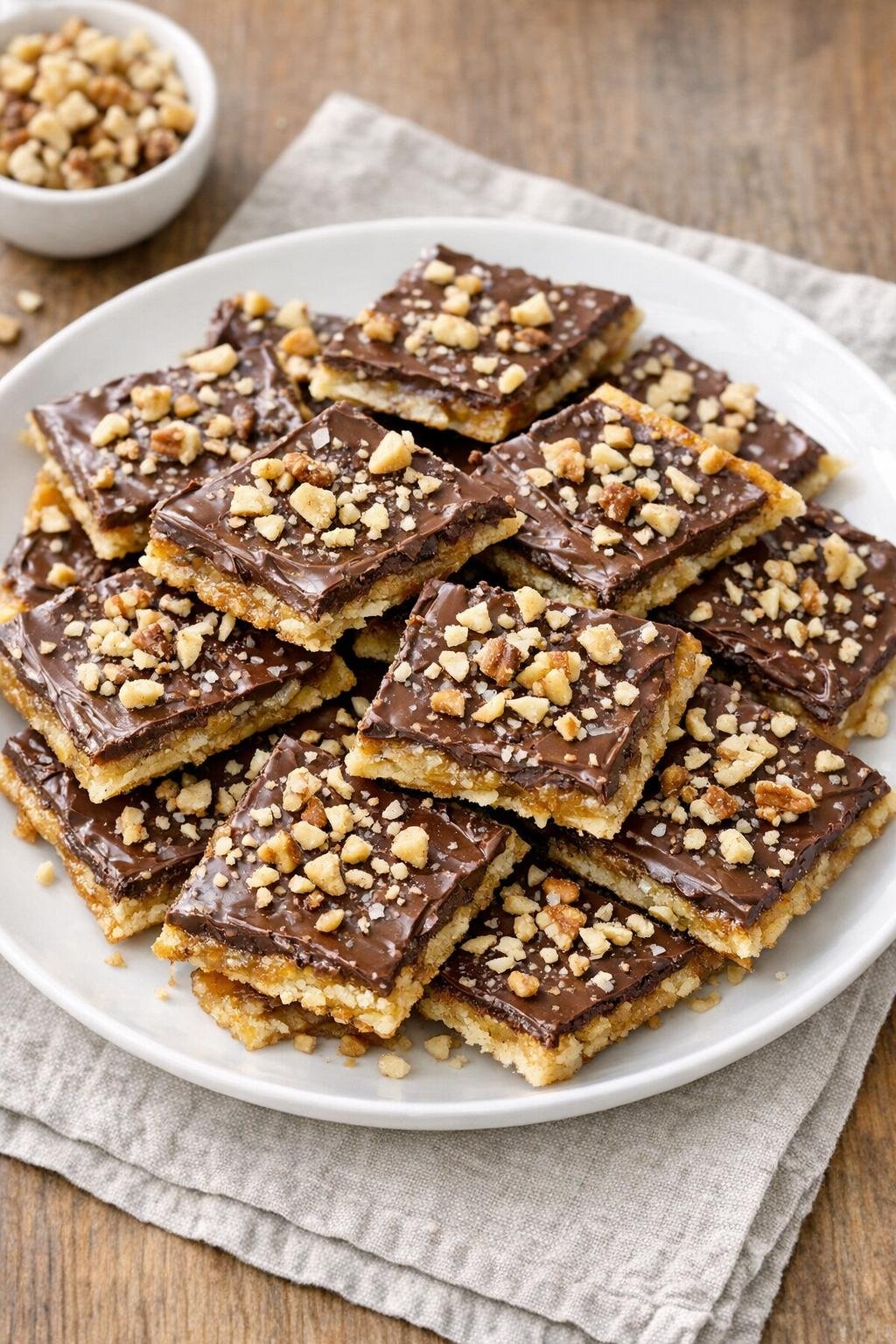 Finished saltine cracker toffee dessert on a serving plate