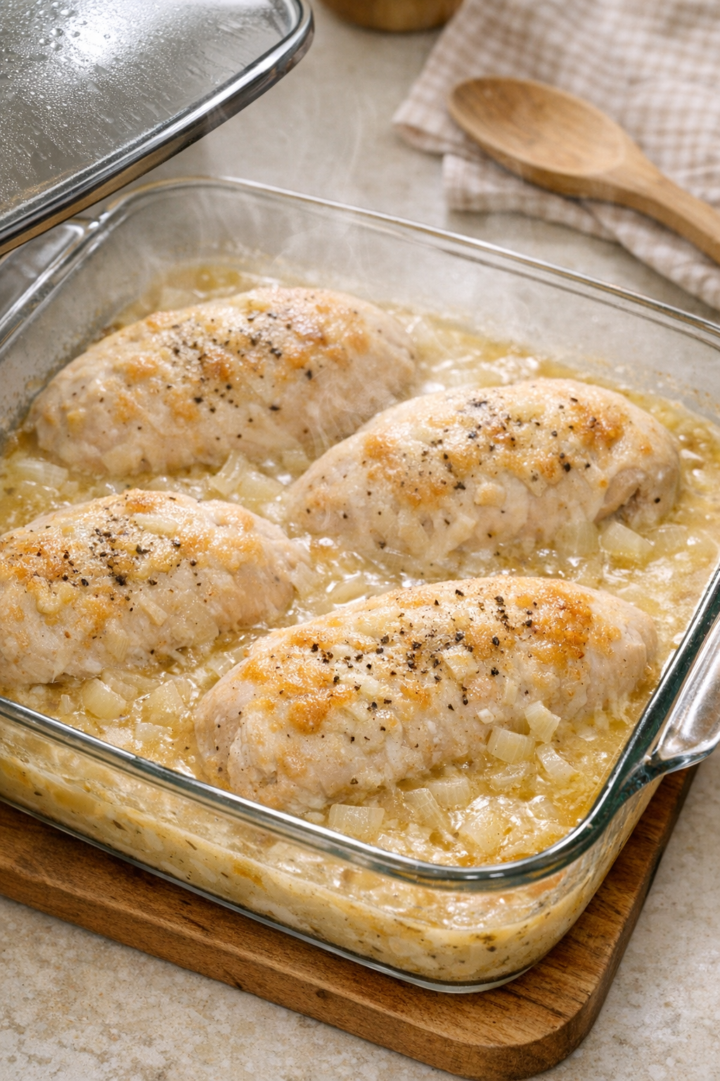 Partially baked chicken uncovered in casserole dish