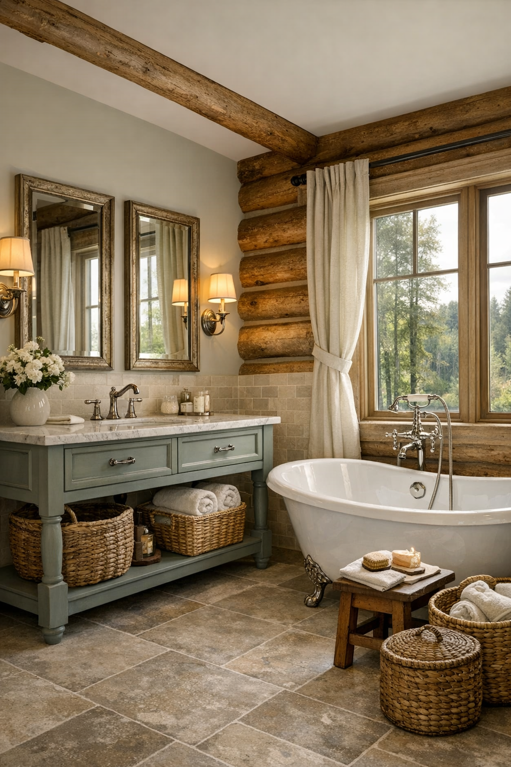 Traditional bathroom with freestanding tub, painted vanity, and soft tile finishes
