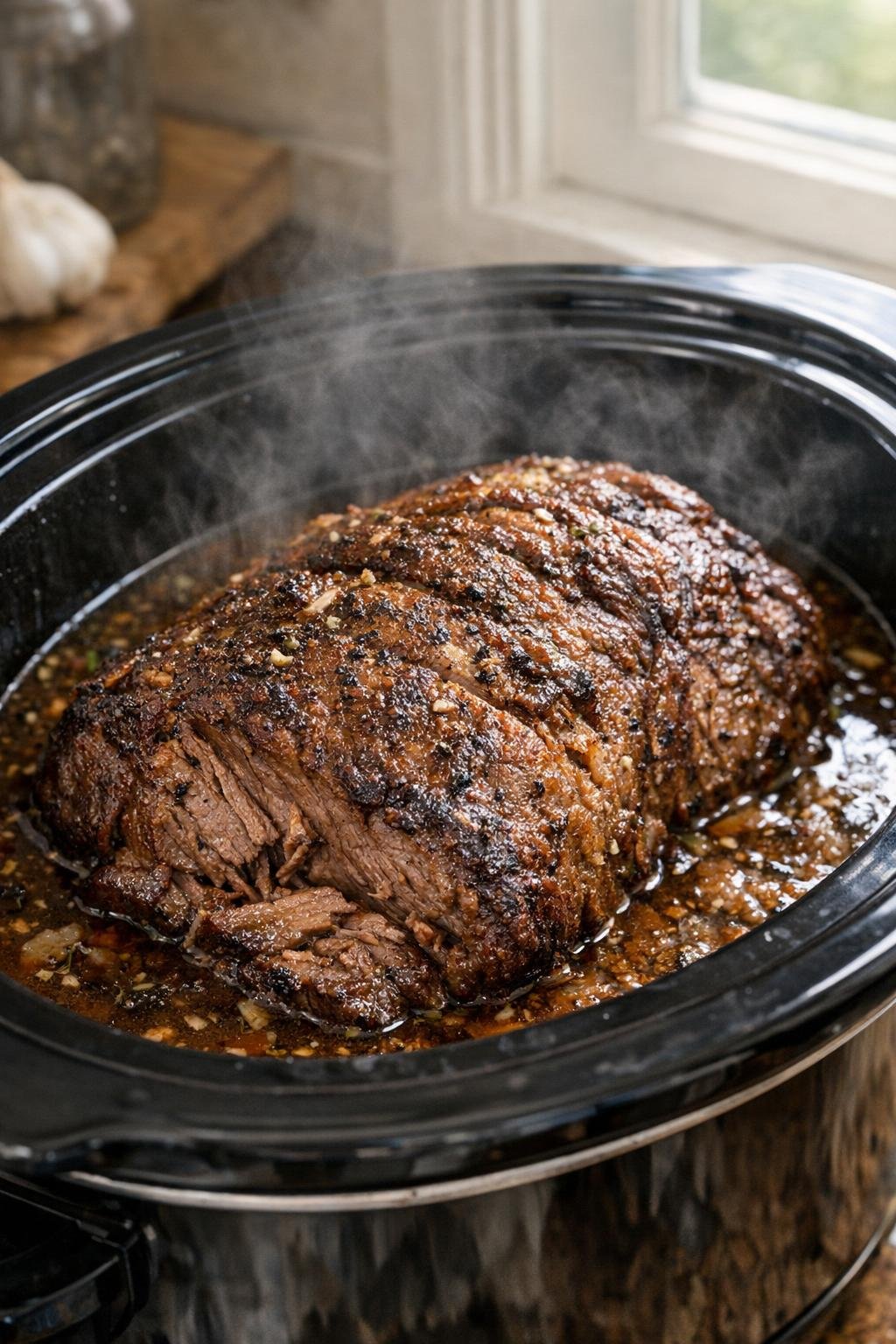 Mals gegaard braadstuk dat rust in het braadvocht van de slowcooker.