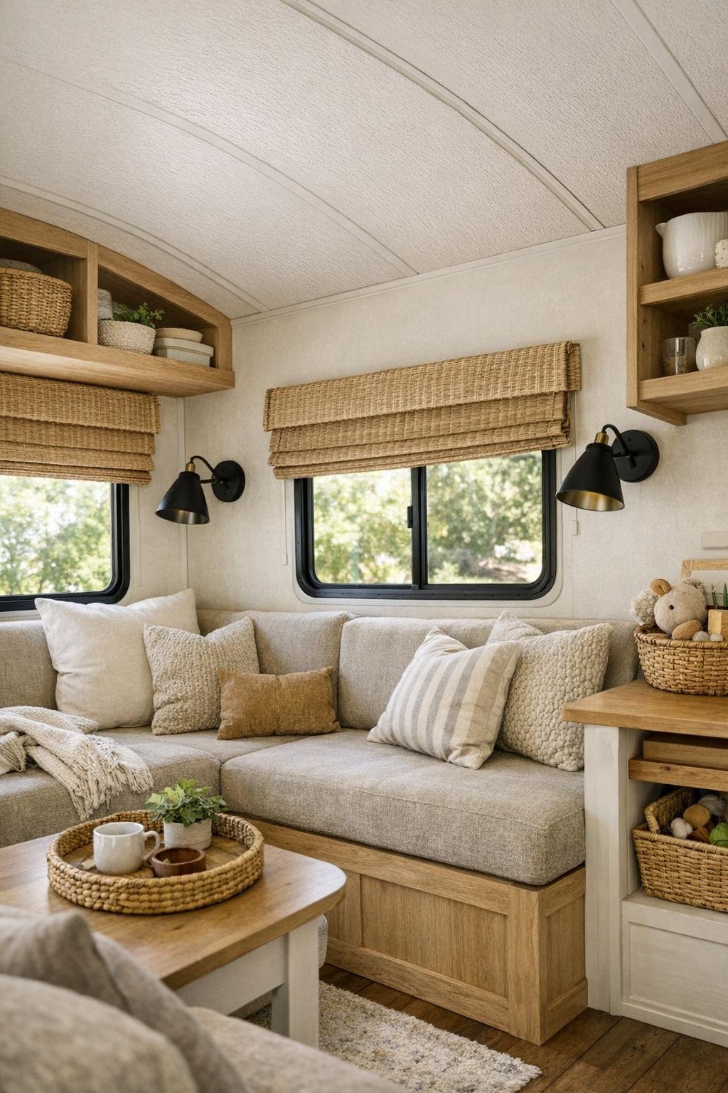 Cozy RV camper living room with built-in bench seating and warm wood accents