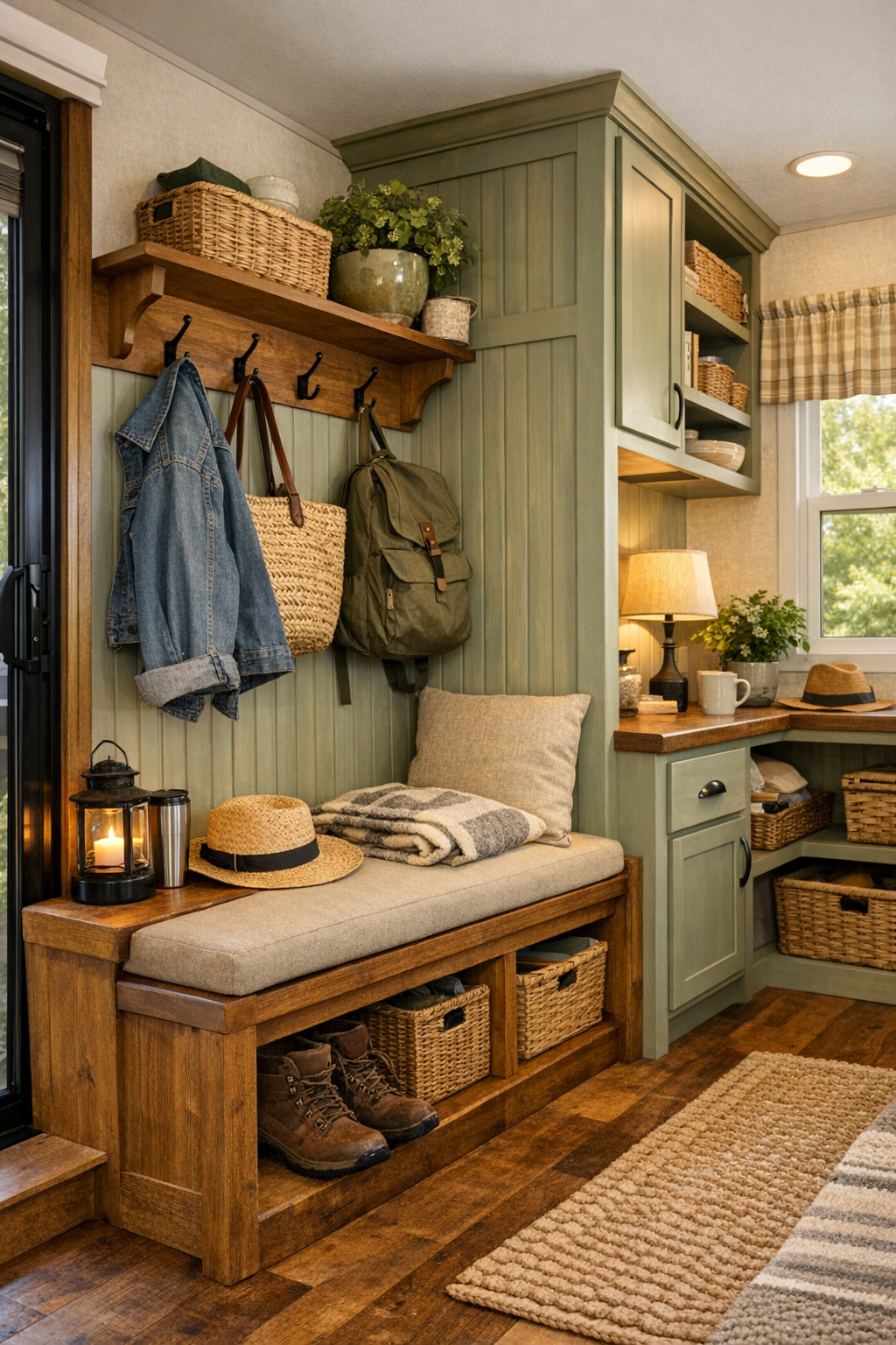 Thoughtful small entry and multiuse nook with built-in storage and craftsman details