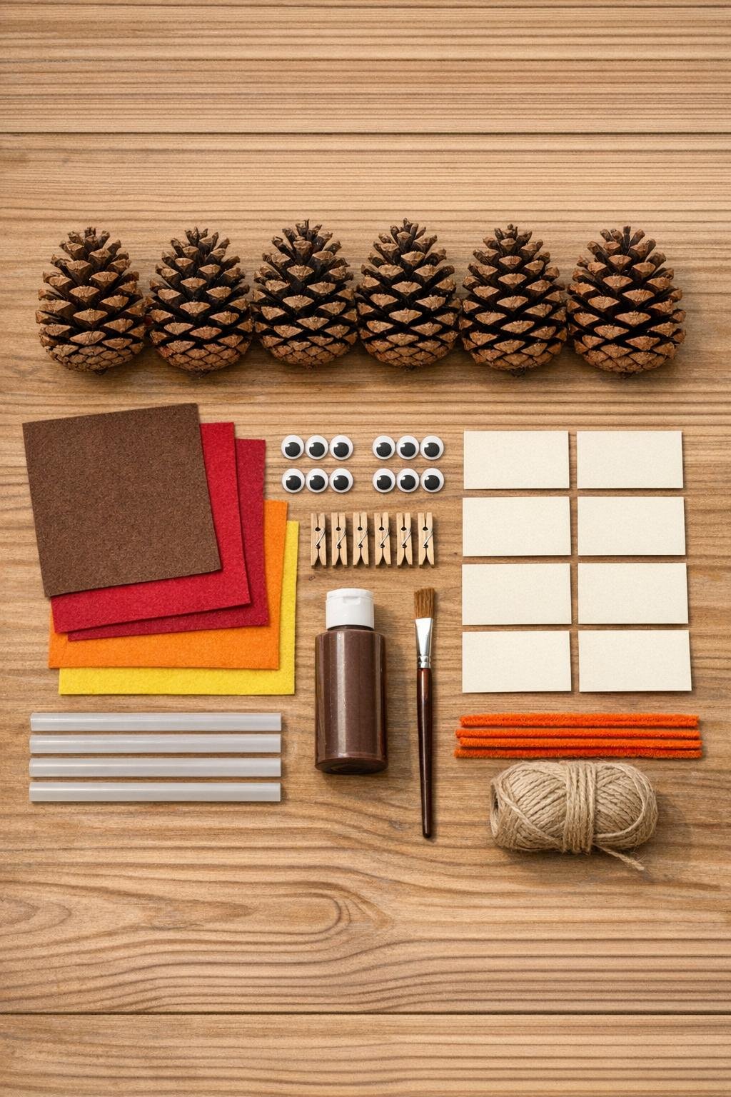 Materials for pinecone turkey place card holders laid out on a table