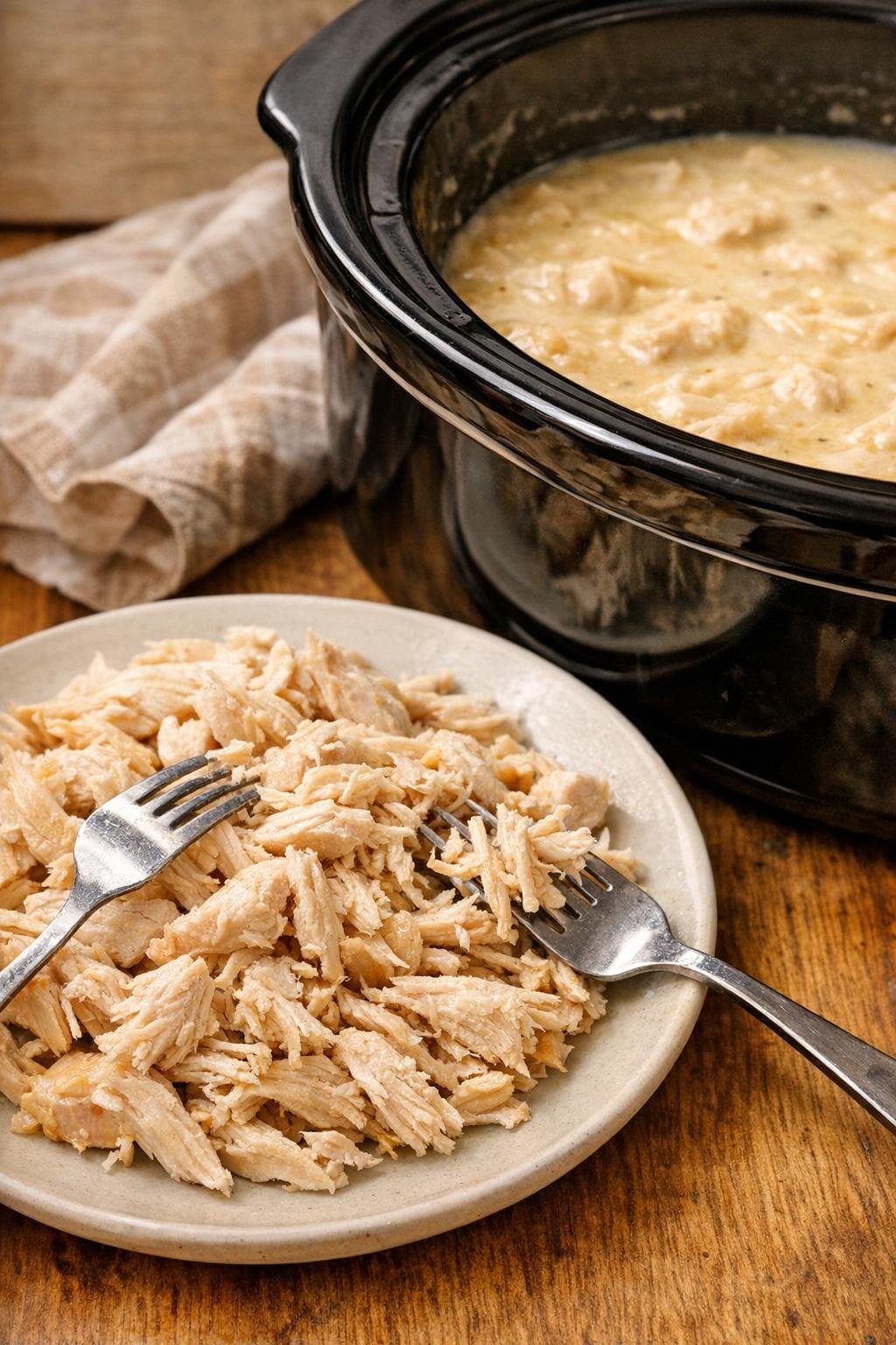 Gesneden kip op een bord naast een romige saus uit de slowcooker.