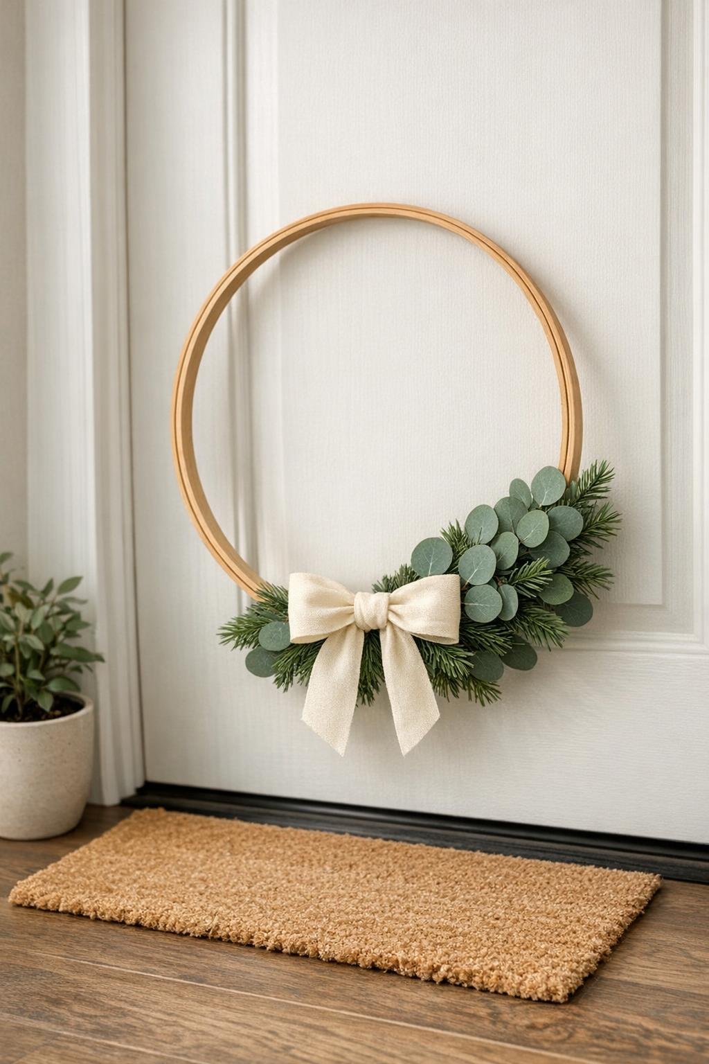 Finished greenery hoop wreath hanging as home decor