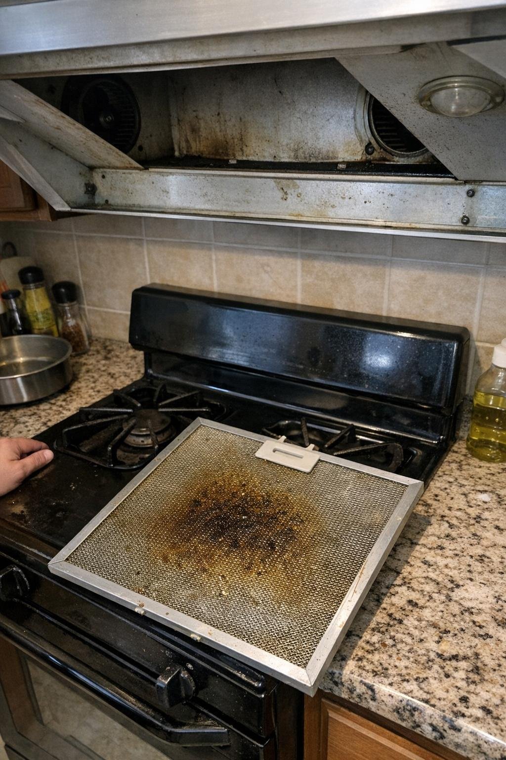 Greasy range hood filter removed for cleaning beside the stove