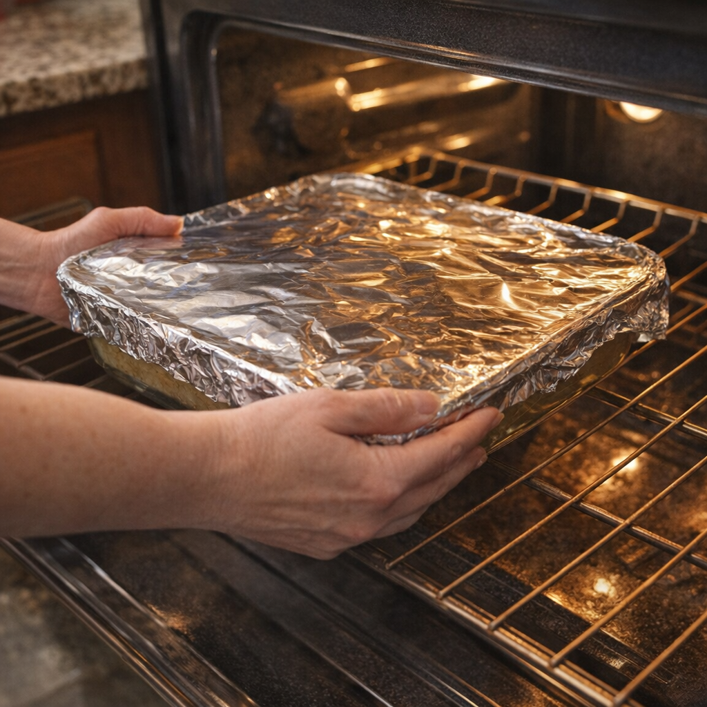 Foil-covered macaroni casserole being placed into the oven