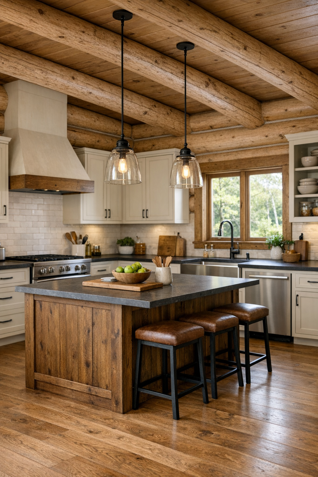 Bright rustic kitchen with soft log walls, painted cabinets, and wood island