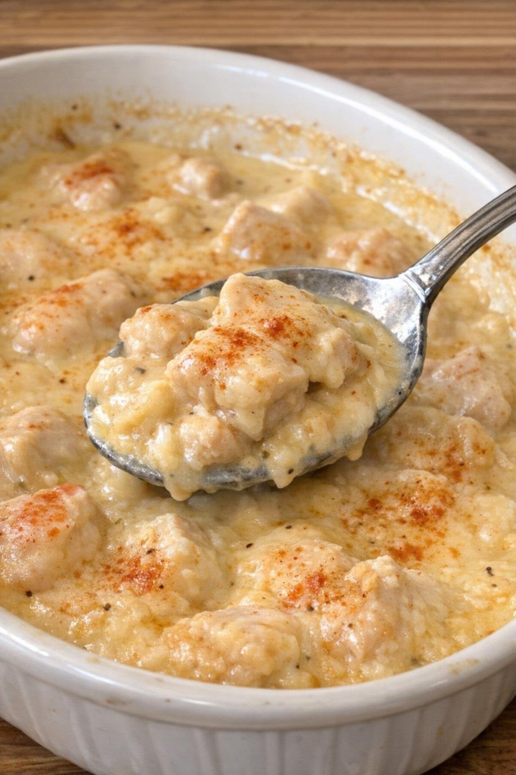 Creamy chicken Newburg casserole ready to serve