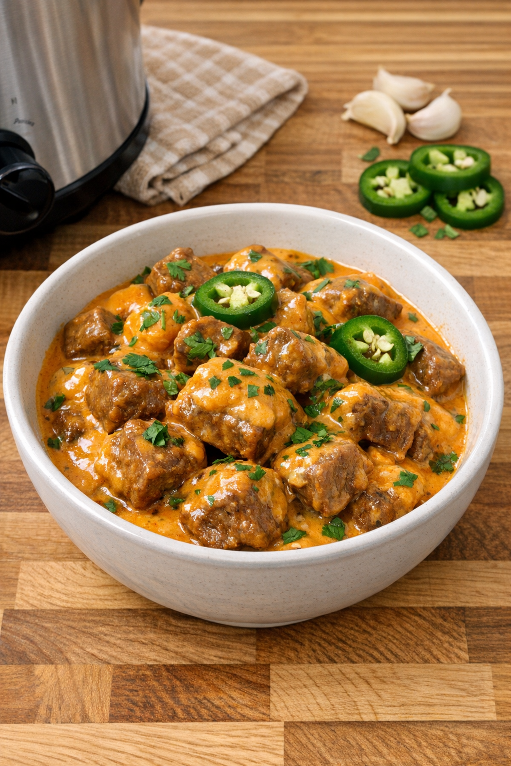 Finished spicy queso beef bites in a bowl