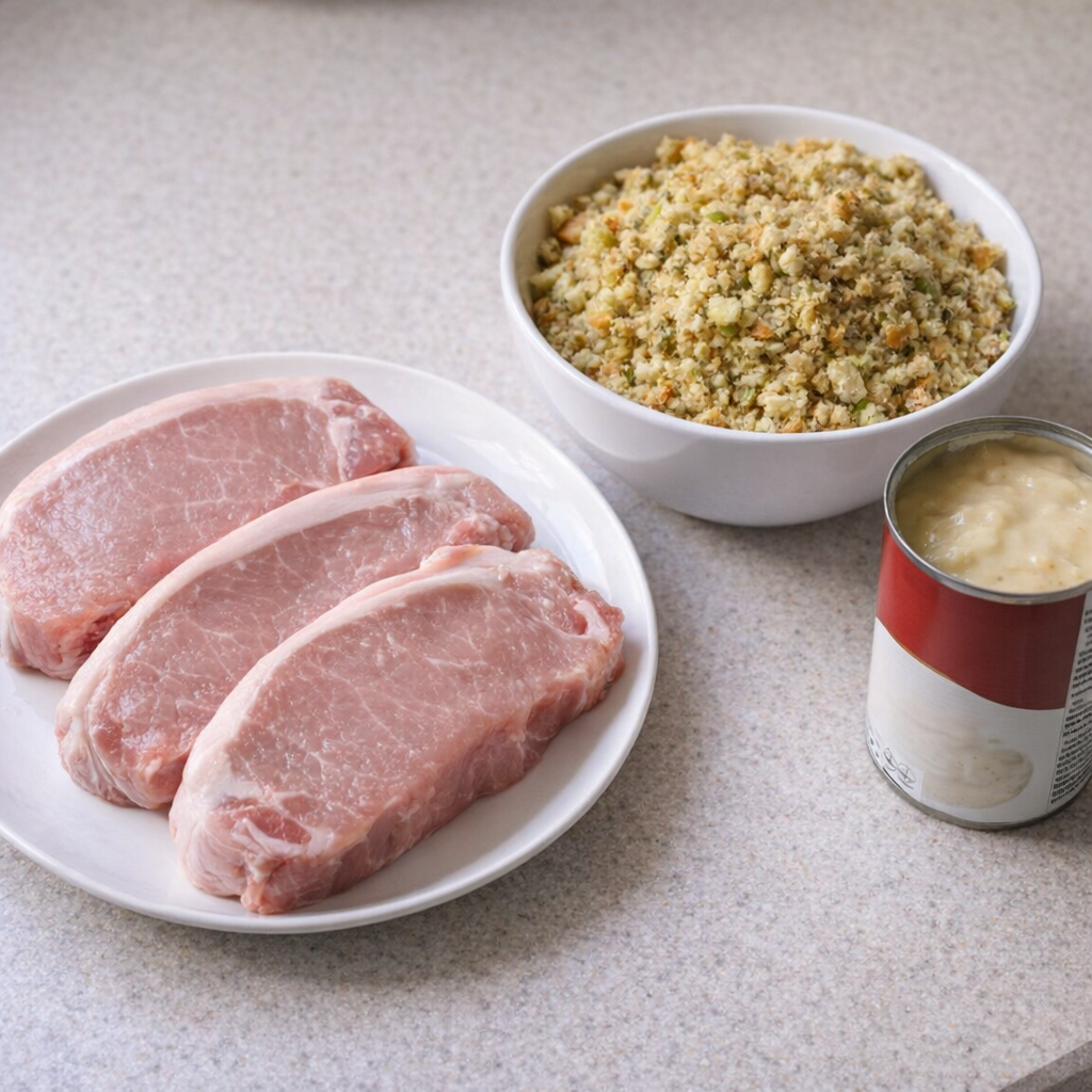 Ingredient lineup for pork chops and stuffing recipe