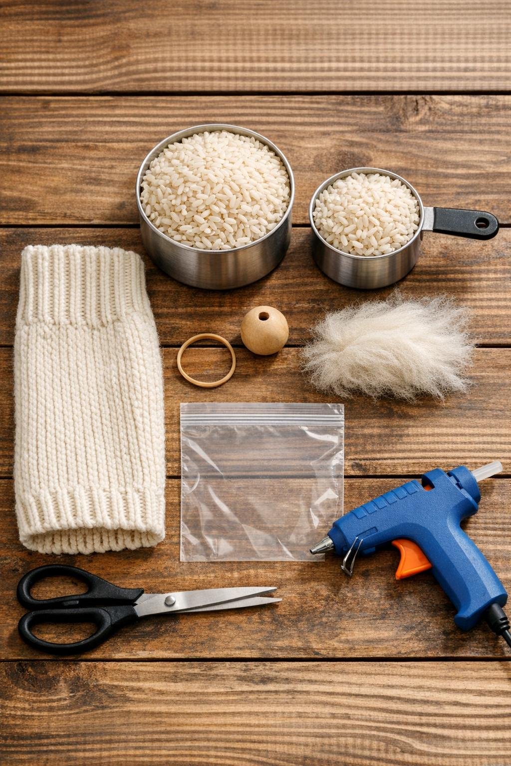 Materials for making a sweater sleeve gnome laid out on a table
