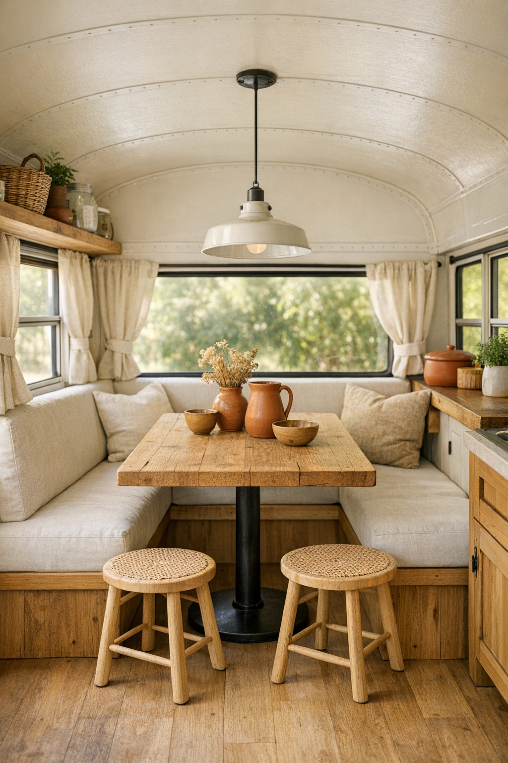 Bus dining nook with built-in banquette, oak table, and pendant light