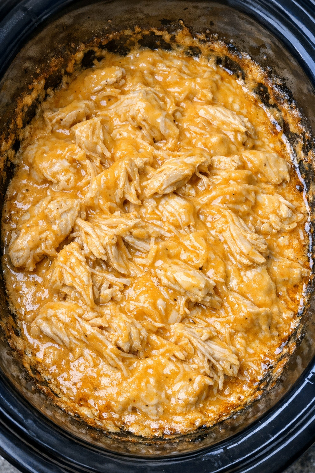 Slow cooker creamy cheddar chicken in a black slow cooker