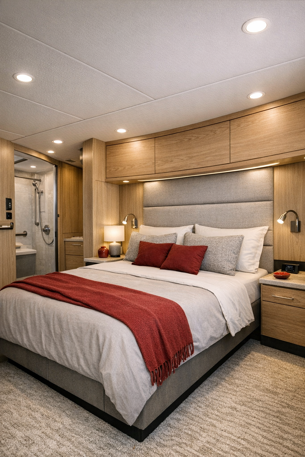 RV bedroom with accessible bed platform, upholstered headboard panels, and soft neutral bedding