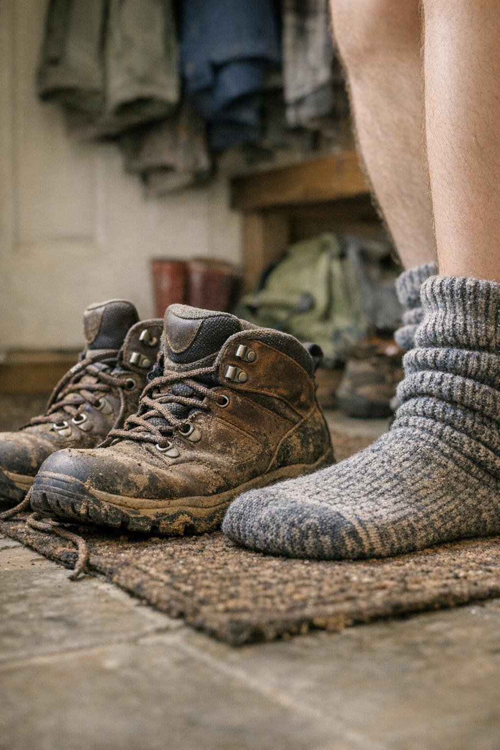 Close view of hiking socks and boots beside lower legs in a mudroom