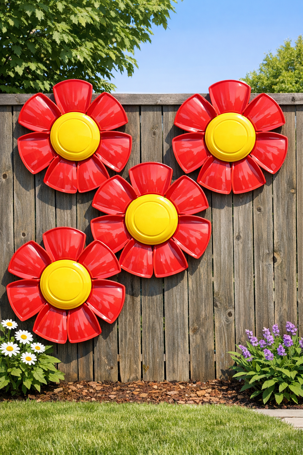 Finished giant backyard flowers made from red dustpans with yellow frisbee centers mounted outdoors