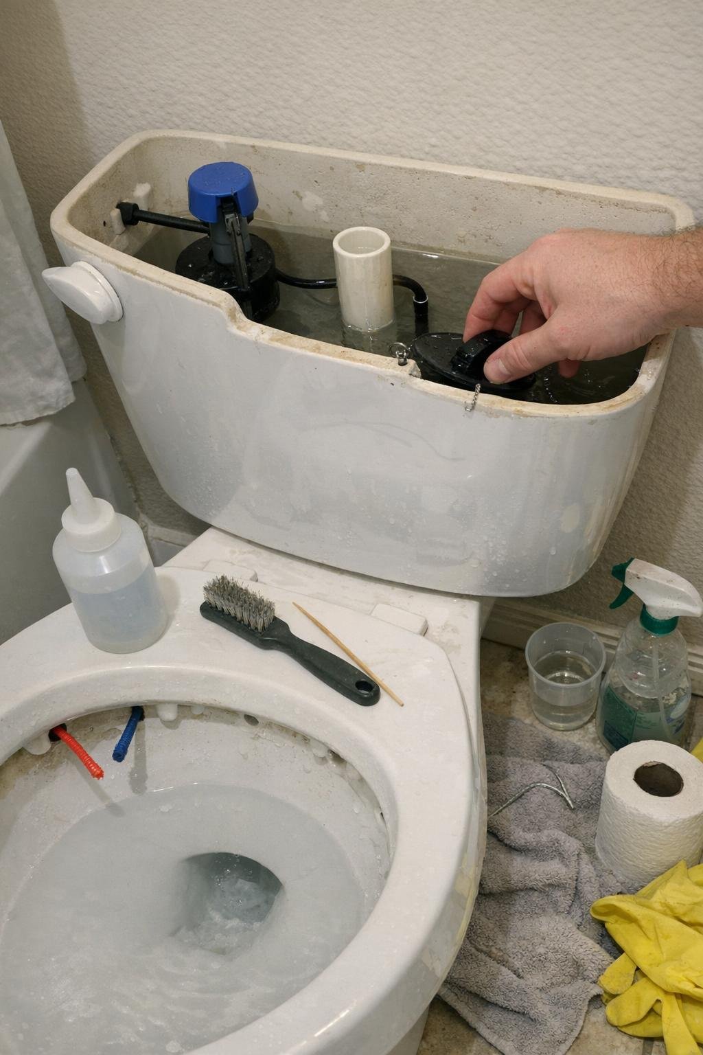 Toilet rim and tank being checked for clogged jets and flapper leaks
