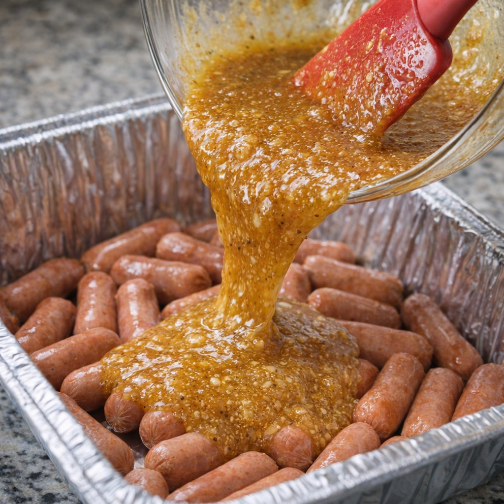 Honey mustard sauce being poured over cocktail sausages