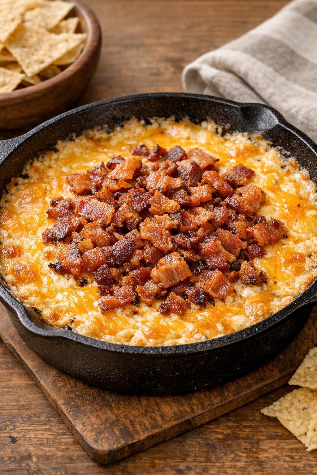 Bacon cheddar dip bubbling in the oven-ready skillet