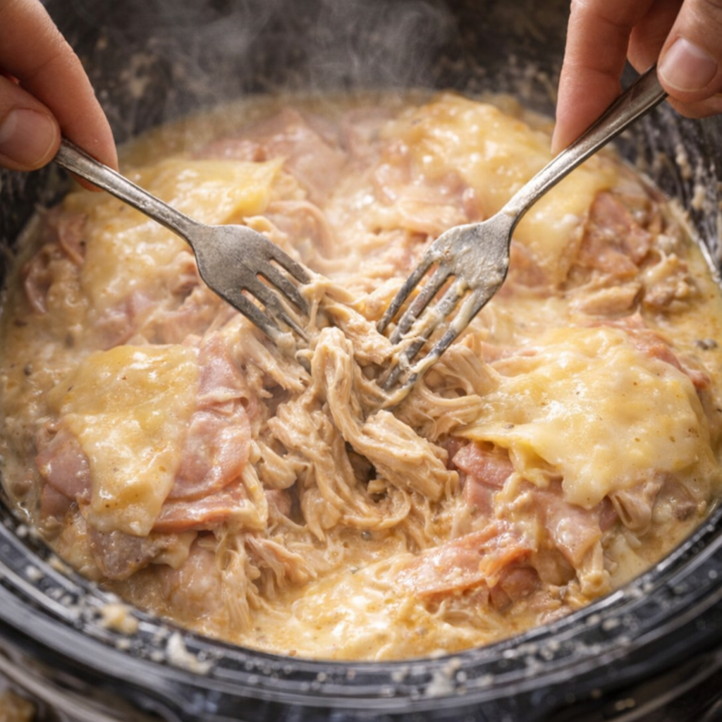 Chicken being shredded into the creamy sauce with two forks