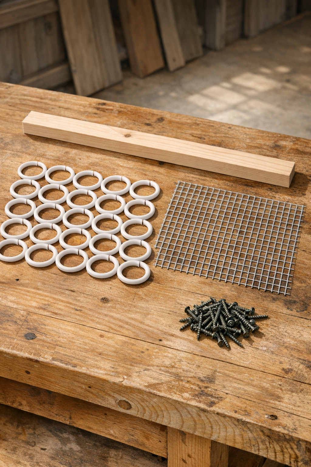 Materials for making outdoor furniture braces laid out on a workbench