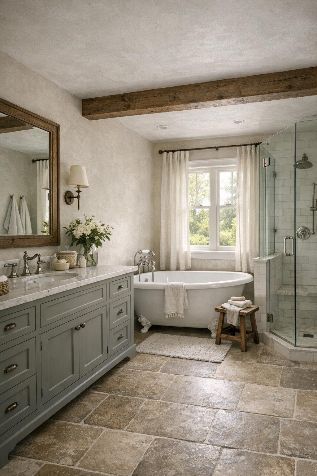 Refined farmhouse bathroom with honed stone floors and pale marble surfaces
