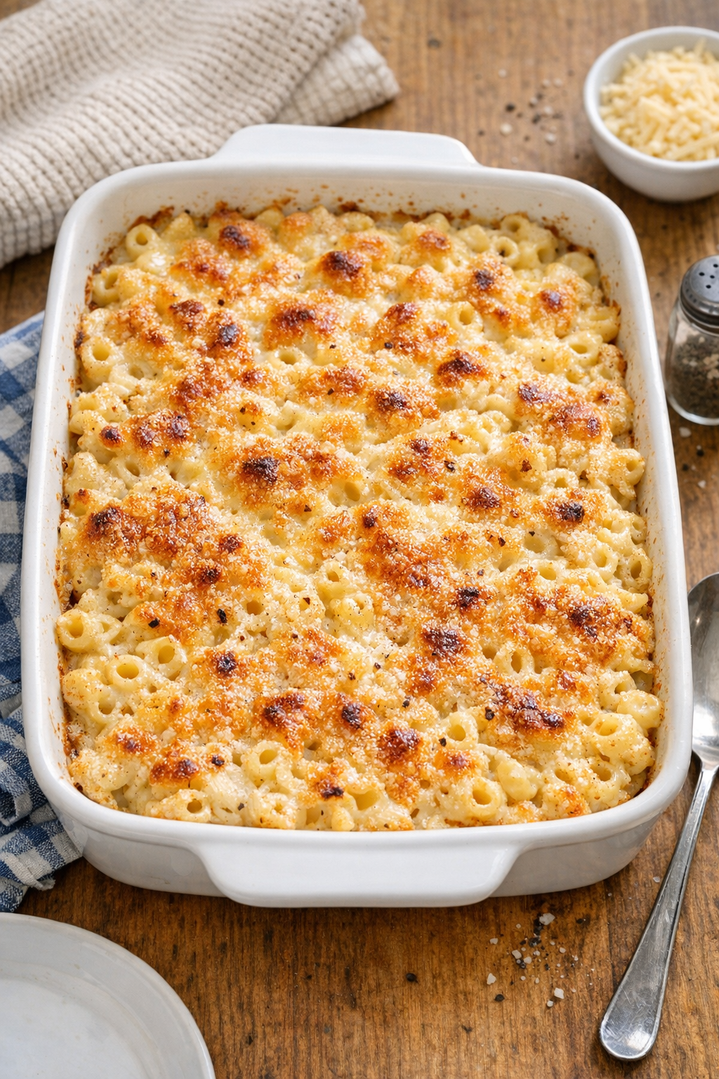 Finished baked Vidalia onion macaroni in a casserole dish