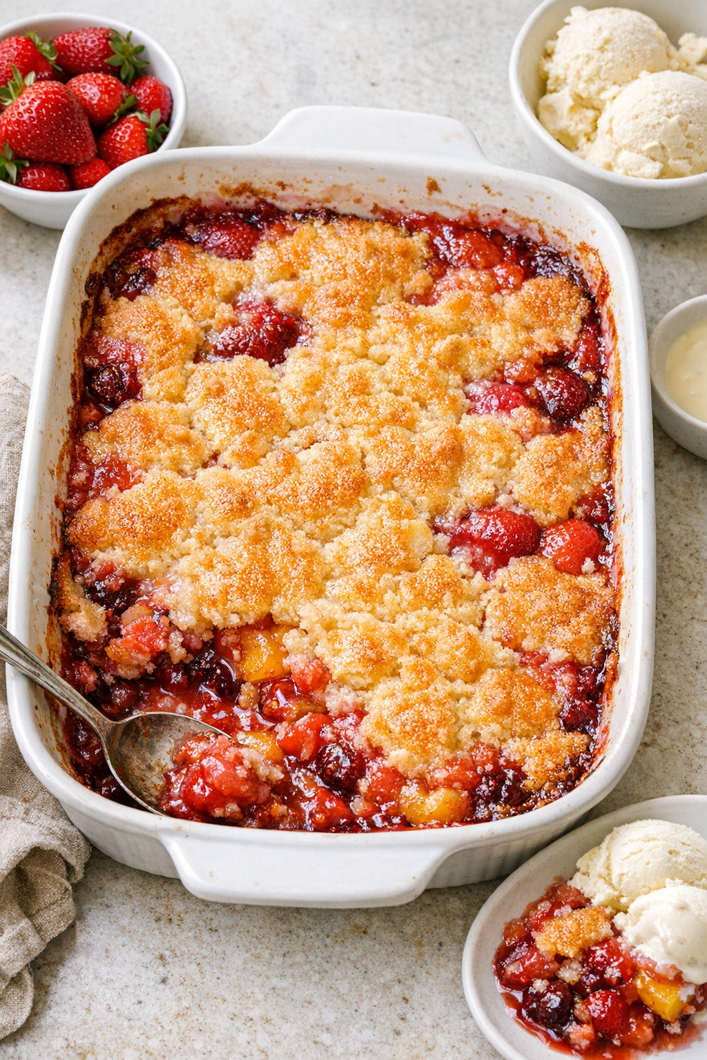 Finished baked fruit dessert in a casserole dish