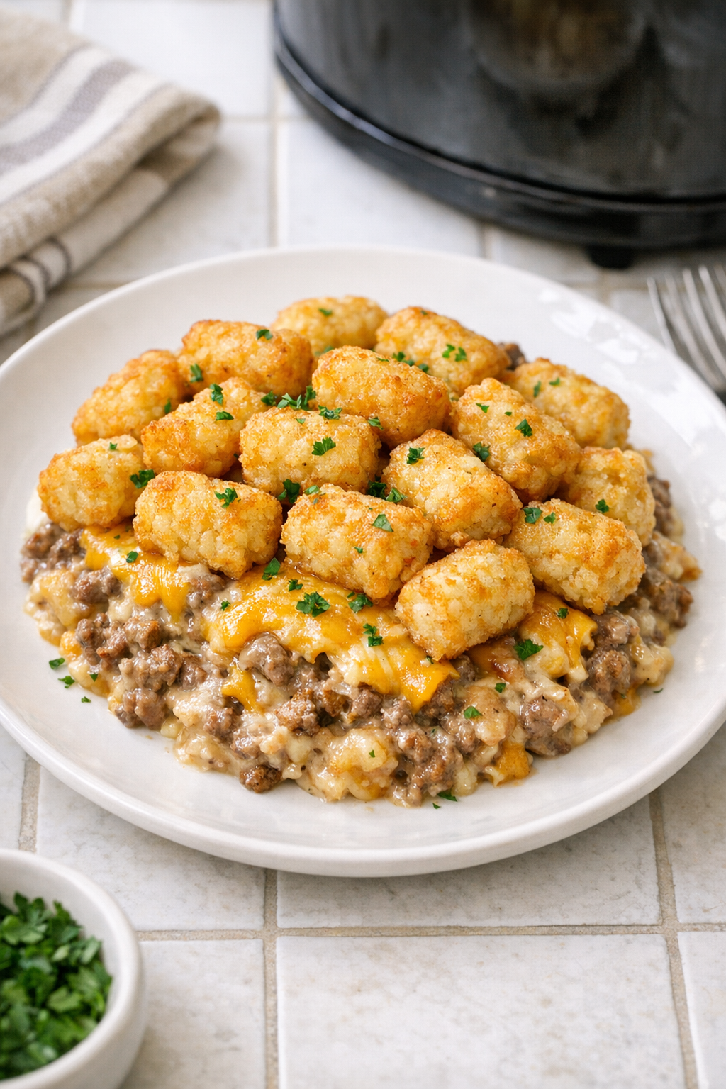 Finished slow cooker tater tot beef bake plated in a cozy kitchen setting