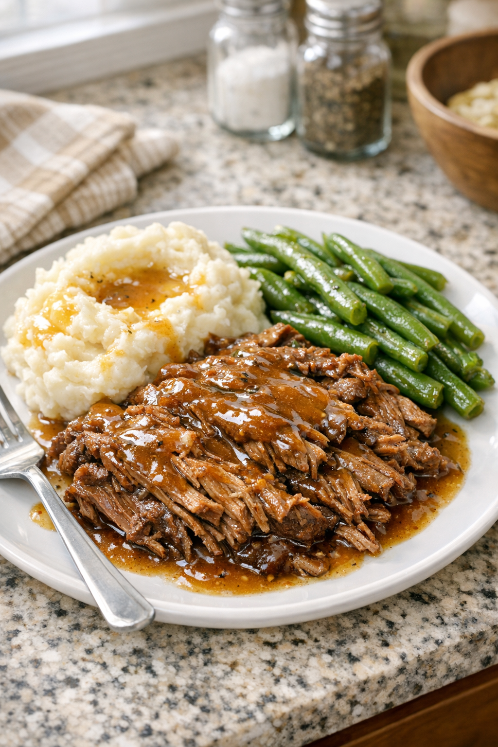 Finished Amish honey beef plated with gravy