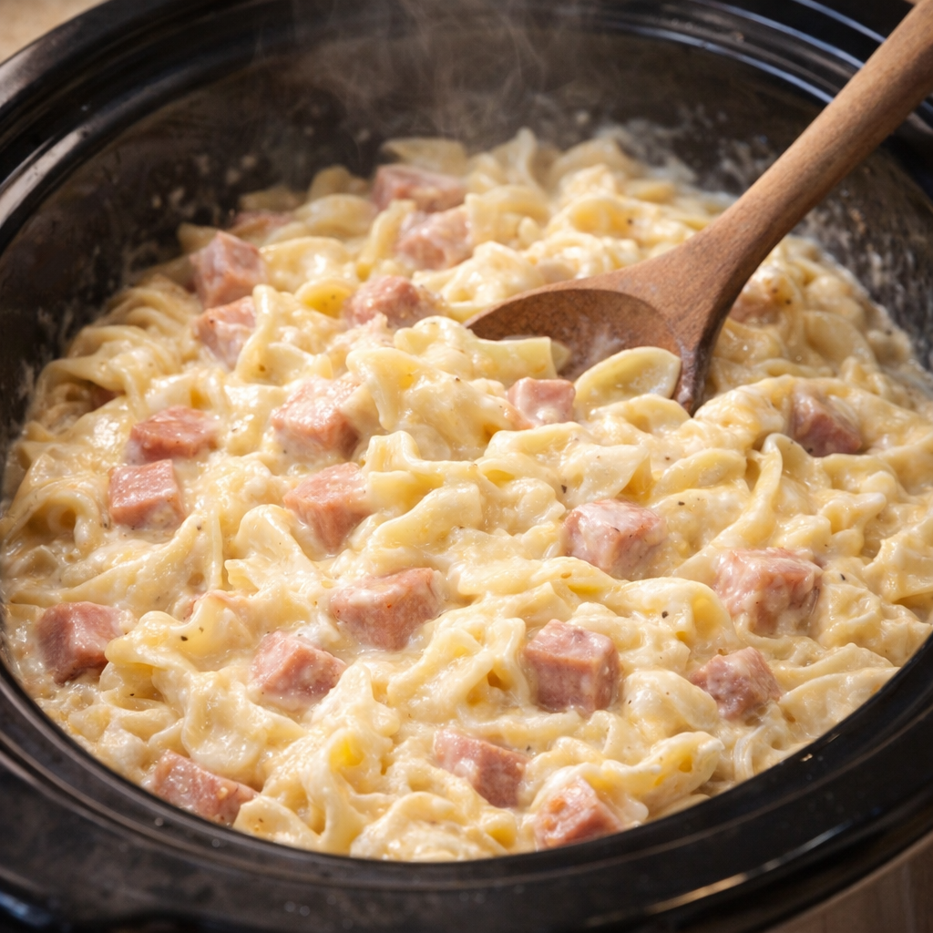 Finished cheesy ham noodles in the slow cooker