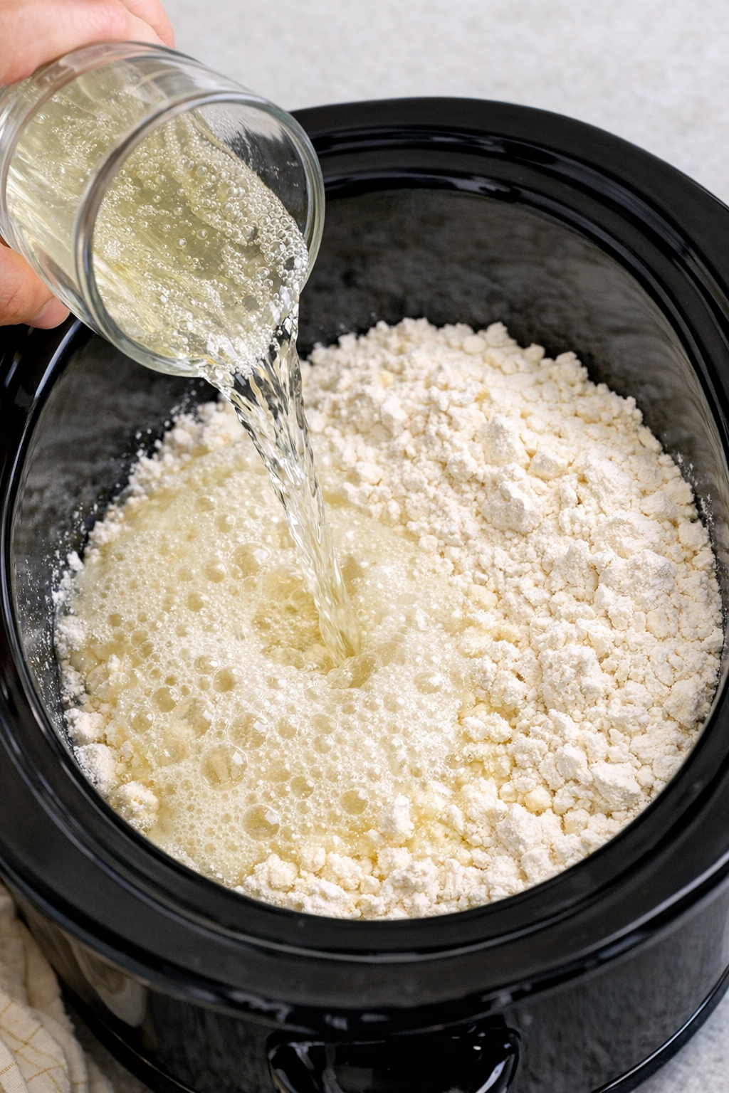 Lemon soda being poured over cake mix in the slow cooker