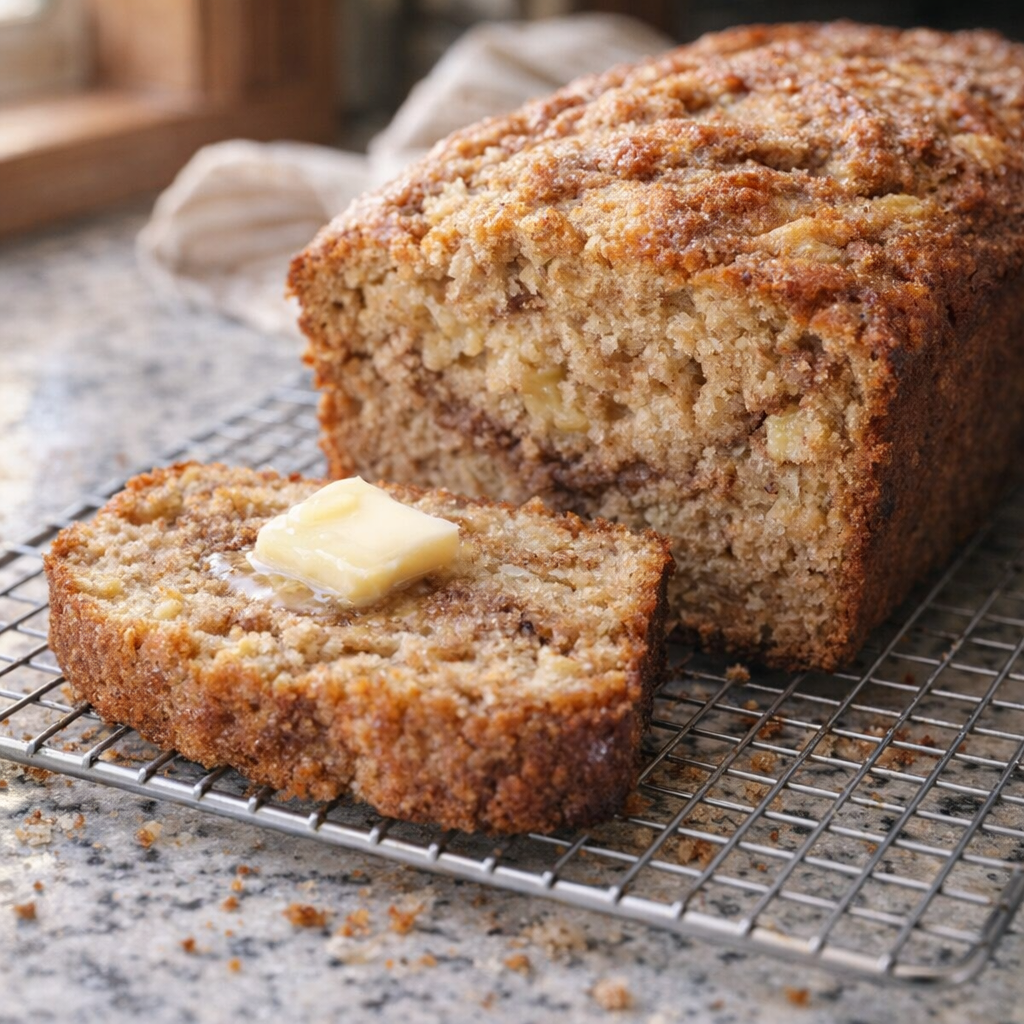 Sliced cinnamon banana loaf cooling on a rack