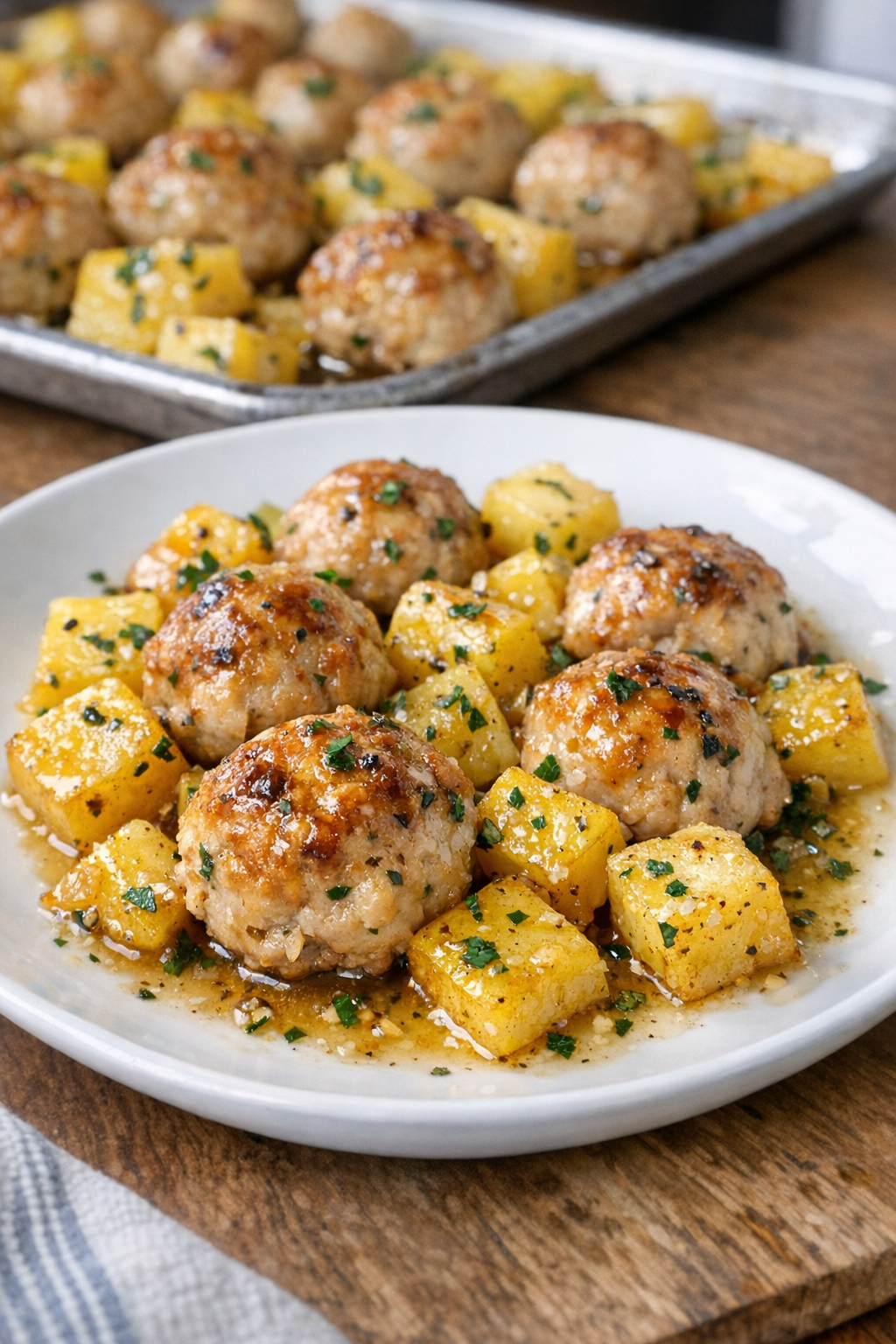 Finished chicken meatball sheet pan dinner plated