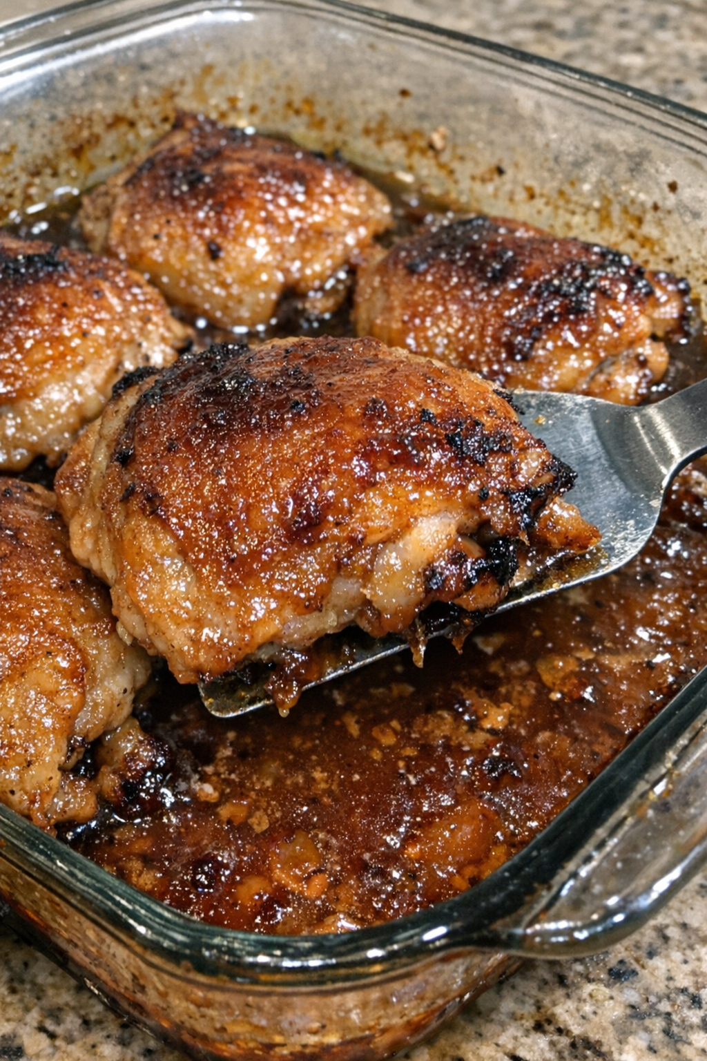 Glazed chicken thighs in a glass baking dish