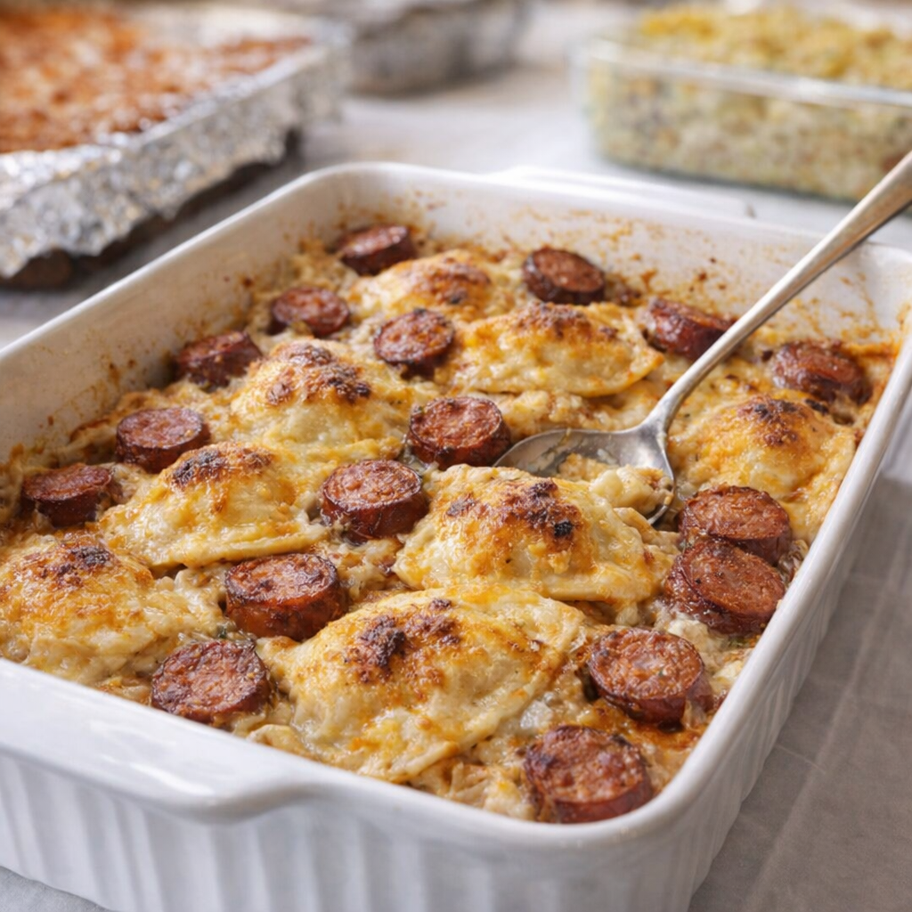 Church potluck casserole on a long table